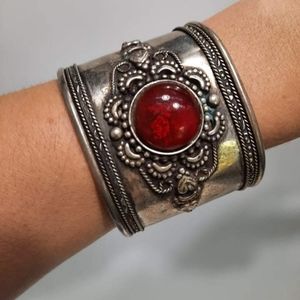 Silver Tone Wide Cuff with Red Stone